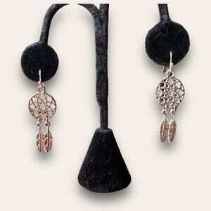 Dreamcatcher Dangling Earrings With Feather Charms - Boho Chic Jewelry